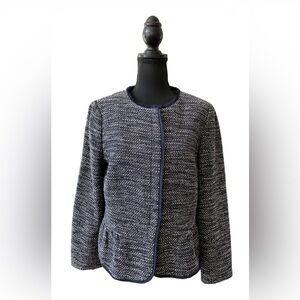 Talbots: Navy Blue and White Tweed Jacket with Navy Blue Fringe